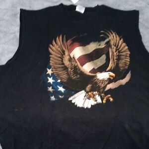 Black Sleeveless Tee with Bald Eagle and American Flag Graphic